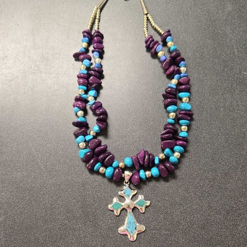 Purple and Turquoise Beaded Necklace with Cross Pendant